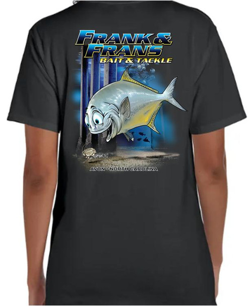 F&F Happy Pomp Short Sleeve with Pocket, black t-shirt featuring a colorful graphic of a fish and fishing theme.