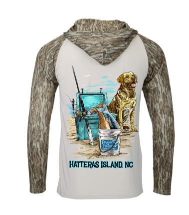 F&F Beach Dog Wicking, hoodie featuring a beach scene with a dog and fishing gear in Hatteras Island, NC.