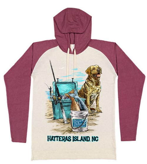F&F Beach Dog Raglan, a hoodie with a beach scene graphic featuring a dog, fishing gear, and the text 'Hatteras Island, NC'.