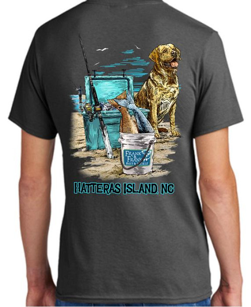 F&F Beach Dog Short Sleeve with Pocket, graphic T-shirt featuring a dog, fishing gear, and the text 'Hatteras Island, NC' on the back.