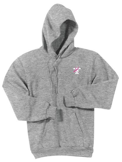 Guy Cotten Fish in Pink Hoodie, a gray zip-up sweatshirt with a hood and a small pink fish logo on the chest.