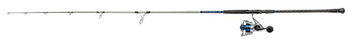 QUANTUM Quantum Strive Spinning Combo, a fishing rod and reel set with sleek black and blue design and multiple guides for casting