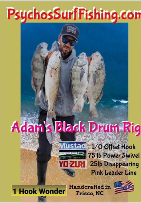 Psycho's Surf Fishing Adam's Black Drum Rig, an image showing a fisherman holding multiple large black drum fish on a beach with ocean in the background.