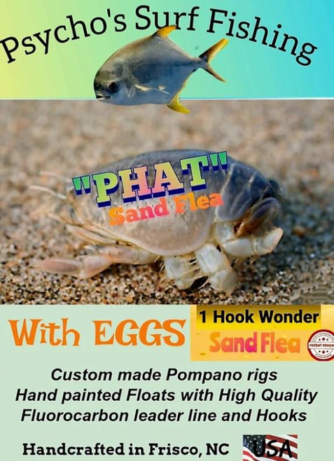 Psycho's Surf Fishing 'PHAT' Sand Flea with Eggs, a fishing lure designed for surf fishing, featuring a detailed fish illustration with eggs.