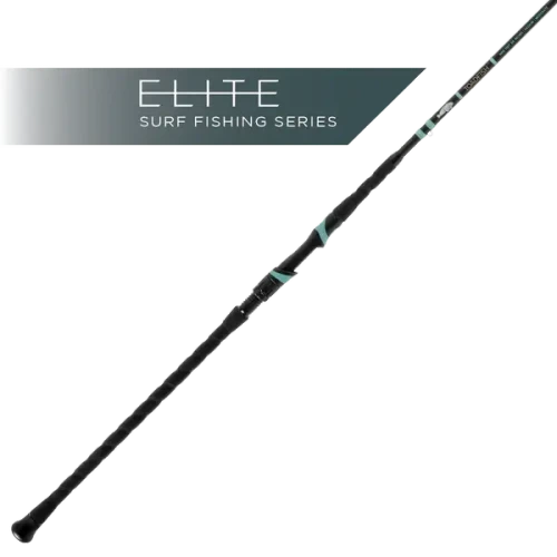 TOADFISH Toadfish Surf Spinning Rod, close-up of the black and teal fishing rod with the brand and series details.