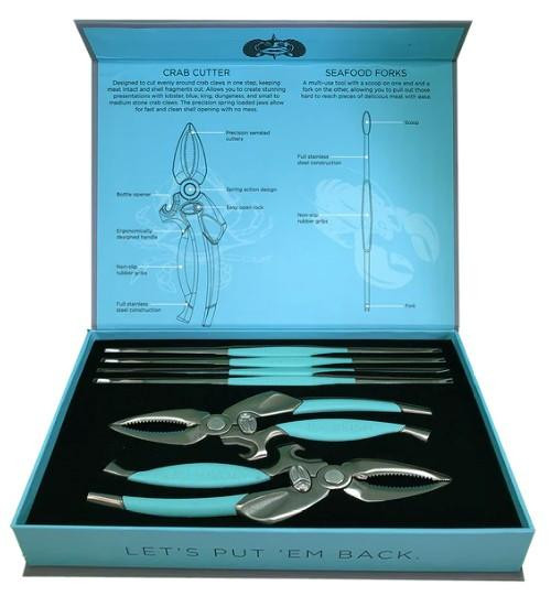 TOADFISH Toadfish Crab and Lobster Set, a set of stainless steel crab and lobster tools with ergonomic handles and a storage box, designed for seafood preparation.