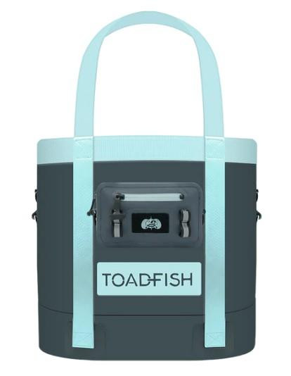 TOADFISH Toadfish Waterproof Tote & Sling, a durable dual-purpose waterproof tote with a front pocket, light blue accents, and sturdy handles.