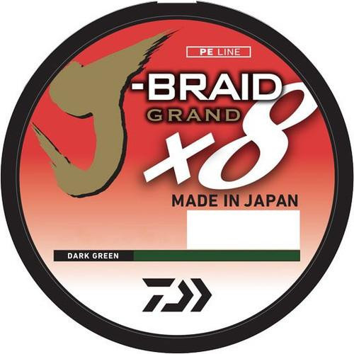Daiwa Daiwa J-Braid Grand PE Line, dark green fishing line spool with red and black label design.