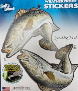 Salty Bones Double Speckled Trout Decal, detailed illustration of two speckled trout fish in natural colors on packaging with Weatherproof Stickers label.