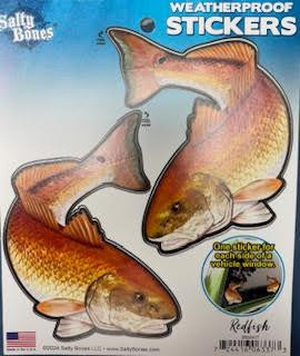 Salty Bones Double Red Drum, package of weatherproof stickers featuring realistic red drum fish images for boating and fishing enthusiasts.