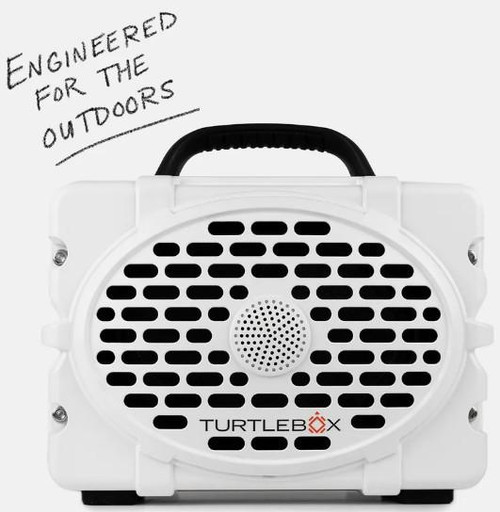 TURTLEBOX Audio Gen3 Speaker, portable outdoor speaker with a white body, black handle, and a prominent front grille featuring the TURTLEBOX logo.