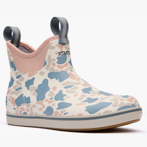 XTRATUF XWAB4DC Women's Ankle Deck Boots, colorful patterned waterproof slip-on boot with pink and blue camouflage design and pull tabs for easy wearing.