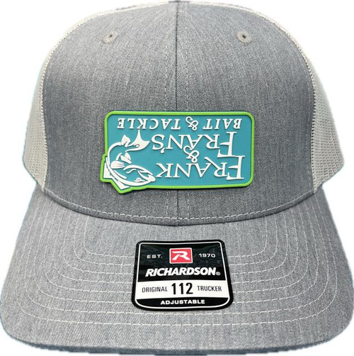 F&F UPSIDE DOWN Rubber Sign Logo Richardson 112, gray adjustable cap with a upside-down rubber sign logo of a fish and text.