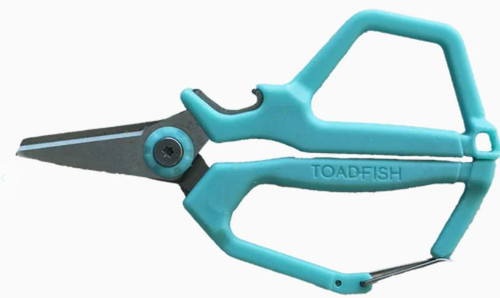 Toadfish 4.5-inch Stainless Braid Sheers, a compact multi-purpose scissors with a stainless steel blade and a bright blue protective handle.