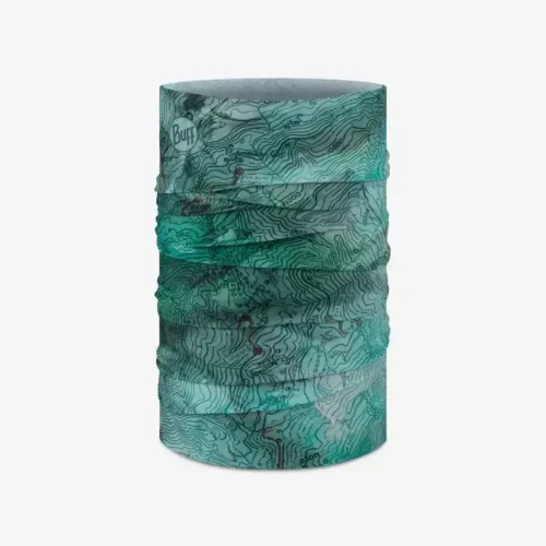 BUFF Buff CoolNet UV Insect Shield, multifunctional headwear with a teal topographic map pattern