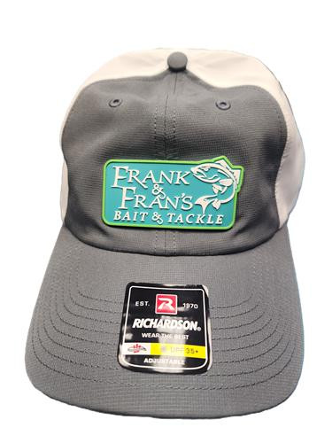 F&F Richardson 220 Rubber Sign Patch Hat, gray baseball cap with a green patch featuring a fish and text, and a sticker on the brim.