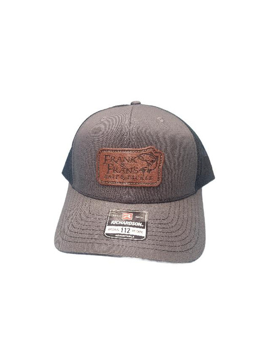 F&F Leather Sign Logo Richardson 112 Baseball Cap, gray and black adjustable hat with leather patch logo.