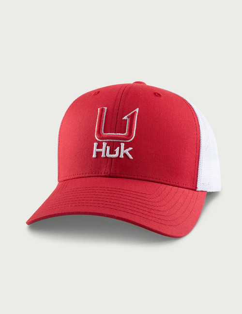 HUK Filled Barb U Trucker, red and white mesh trucker cap with embroidered logo on front.