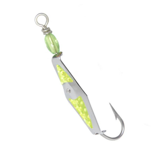 CLARKSPOON Clarkspoon 2RBMS-CF Flashspoon, fishing spoon with a metallic body and neon green patterned accents, equipped with a metal hook and a loop for attachment.