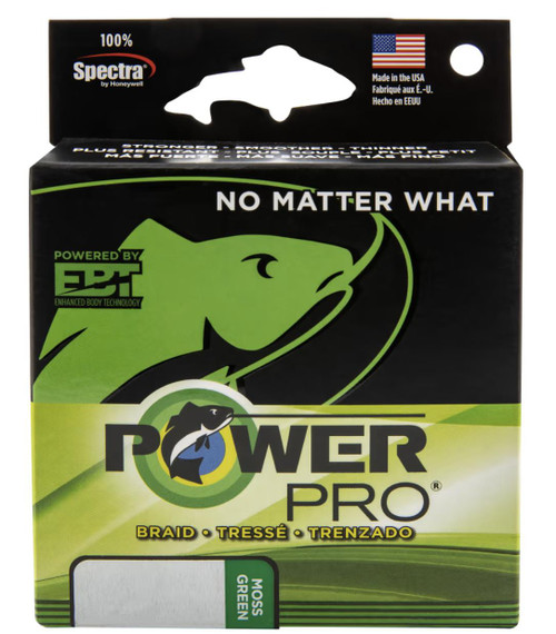 Power Pro Spectra Braid 300yd, green fishing braid packaging with a fish logo and USA flag.
