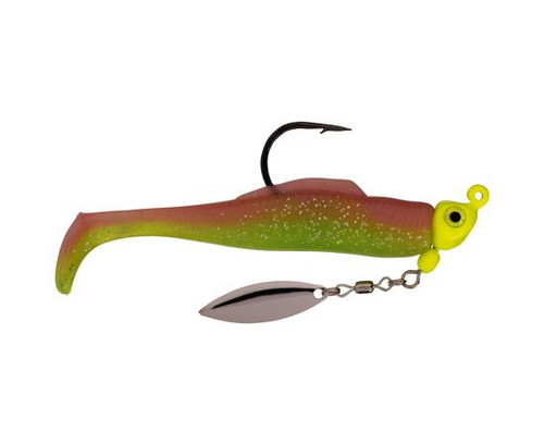 STRIKE KING Strike King Speckled Trout Magic Spinnerbait, close-up of a soft plastic fishing lure with a green and yellow body, and a spinner blade for attracting fish.