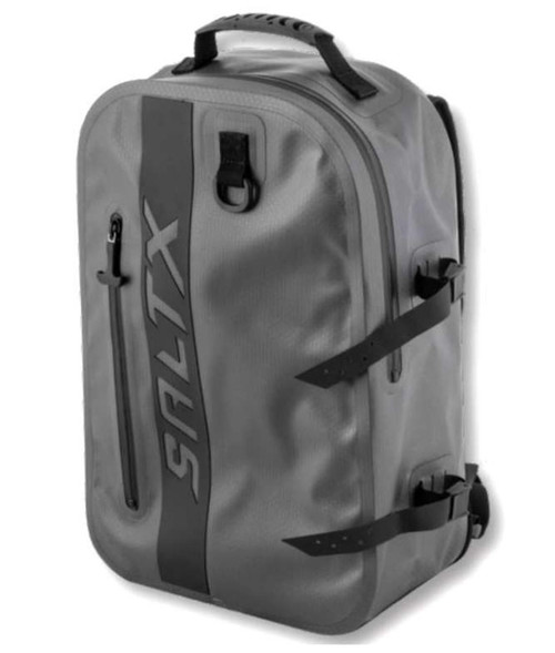 TSUNAMI Tsunami Saltx Waterproof Backpack, a durable grey waterproof travel bag with multiple compartments, heavy-duty zippers, and reinforced handles for outdoor and water-resistant use.