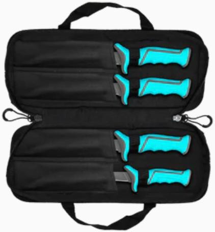 TOADFISH Toadfish Fixed Fillet Knives Gift Set, set of three blue-handled fillet knives in a black carrying case.