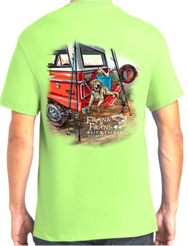 F&F Bronco Dog Short Sleeve No Pocket, bright green casual T-shirt with a colorful graphic of a dog and a red quad bike on the back.