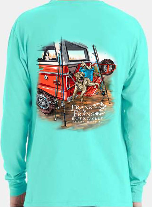 F&F Bronco Dog Long Sleeve with Pocket, turquoise long sleeve shirt featuring a graphic of a red off-road vehicle with a dog and fishing equipment, and the text 'Frank F & Frans Bait & Tackle Hatteras Island, NC'.
