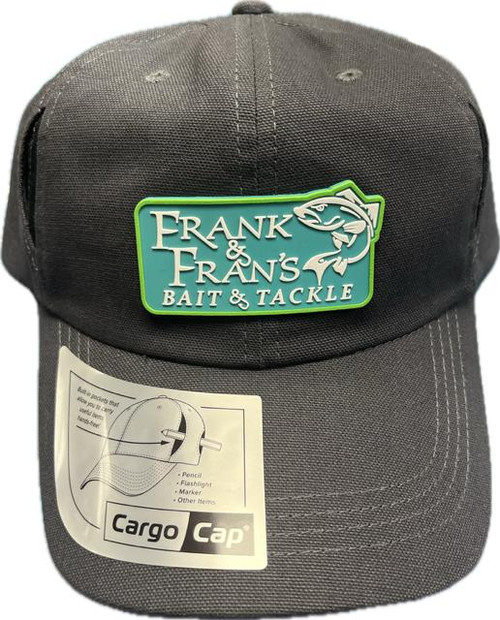 Outdoor Cap F&F Rubber Patch Hat OC CARG100, black trucker style cap with green logo patch reading 'Frank & Fran's Bait & Tackle' and a fishing fish icon on the front.