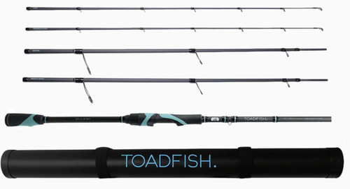 TOADFISH Toadfish Elite Stowaway Travel Rod, a compact and foldable fishing rod with a sleek black and blue handle design, ideal for travel and freshwater fishing.