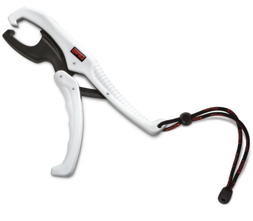 Rapala Floating Fish Gripper, ergonomic fish gripping tool with a white and black handle and lanyard for safe fish handling.