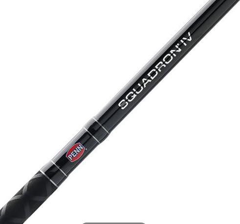 Penn Fishing Tackle Penn Squadron IV Surf Fishing Rod, black fishing rod with white and red branding.