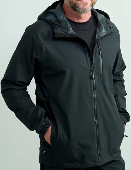 HUK Rover Rain Jacket, a black waterproof outdoor jacket with a hood and zippered front, designed for protection against rain and wind.