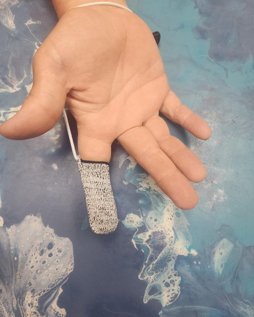 The Sinker Guy Finger Protector, a protective device covering the finger with a sock-like appearance.