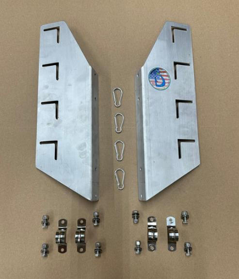 DEERFIELD FABRICATION Deerfield Sand Spike Rack Mount Accessory - 4 Spike, metal rack mount accessories with mounting brackets and hardware components on a brown background.
