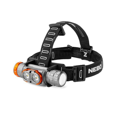 Nebo Transcend 3000 Headlamp, black adjustable head strap with LED light including two bright lamps and orange accents.