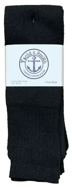 Yacht & Smith 3pk Wader Socks, a pack of black casual cotton socks rolled together with a white label wrapped around it featuring the brand's logo and product details.