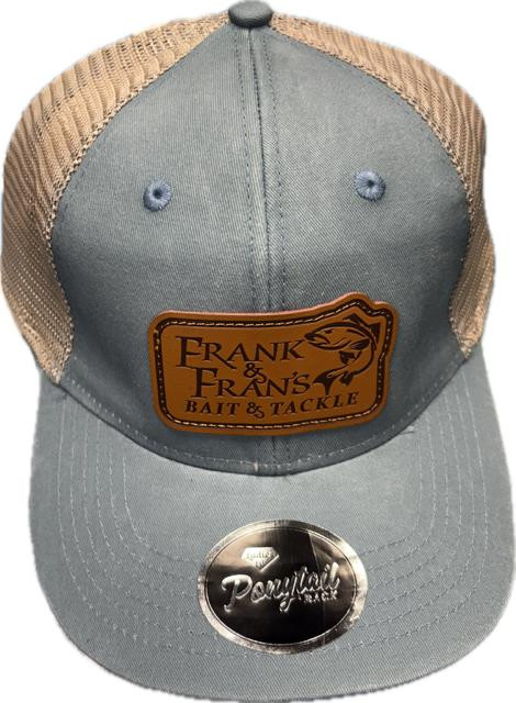 F&F Leather Sign Logo Patch Pony Tail Hat PNY-100m, gray and beige baseball cap with a leather patch logo and a ponytail opening at the back.