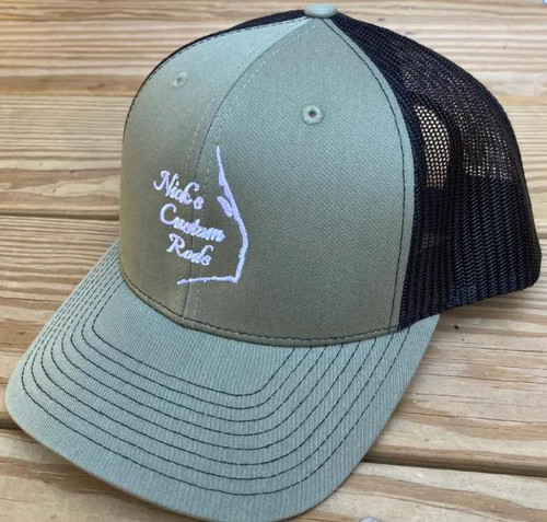 NICK'S CUSTOM RODS Nick's Custom Hat, olive green trucker cap with black mesh back and white embroidered logo.