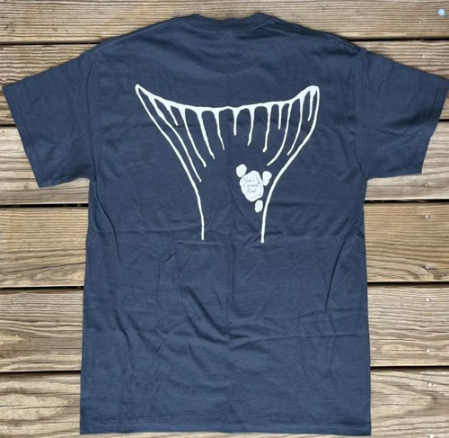 NICK'S CUSTOM RODS Nick's Custom Rod Drum Tail Apparel, navy blue T-shirt featuring a white graphic of a stylized fish tail design on the back.