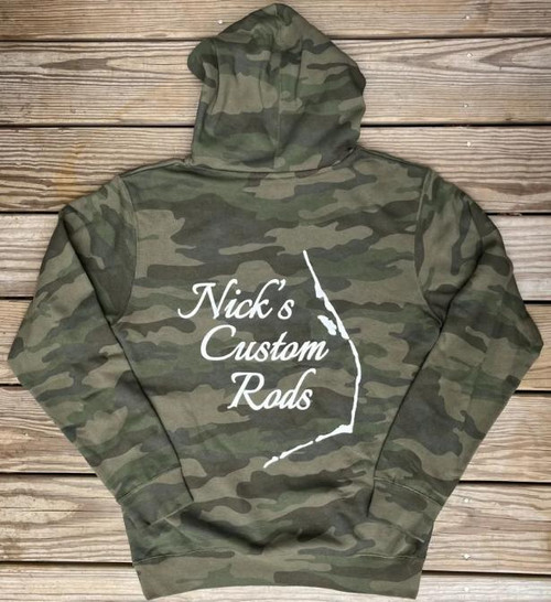 Nick's Custom Rods OG Logo Apparel, camouflage hoodie with white logo and outline of California state