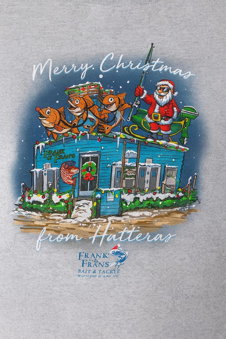 F&F Holiday Short Sleeve with Pocket, festive holiday-themed illustration featuring Santa Claus and fish on a boat with Christmas decorations.