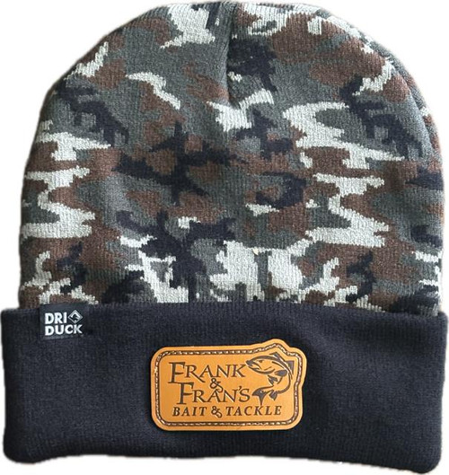 F&F Driduck 3523 Leather Sign Logo Beanie, camouflage knit wool hat with leather patch logo and fleece lining for warmth.