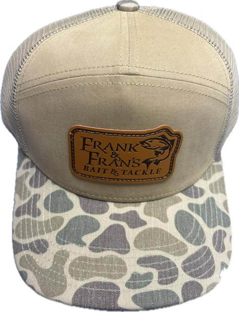 F&F SoBro the 1983 Leather Sign Patch Hat, beige trucker cap with a leather patch featuring the text 'Frank & Franks Bait & Tackle' and a fish graphic.