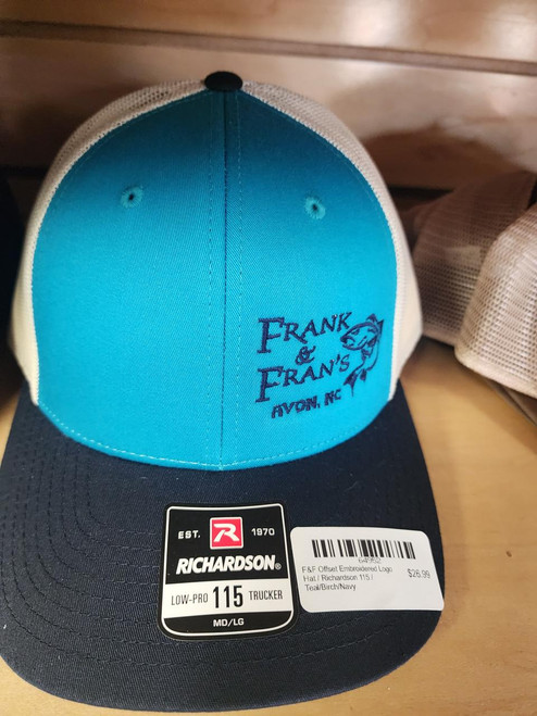 F&F Offset Embroidered Logo Hat, blue and white trucker cap with embroidered logo and text.