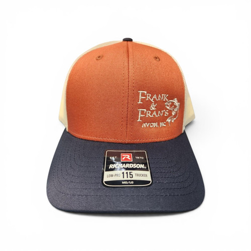 F&F Richardson 115 Offset Embroidered Logo Hat, a stylish trucker cap with an orange crown, beige mesh sides, and a navy brim featuring embroidered text and logo.