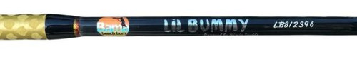 NINJA TACKLE Ninja Tackle Lil Bummy 9'6" Spinning Rod, close-up of the fishing rod showcasing the black body with gold accents and logo design.