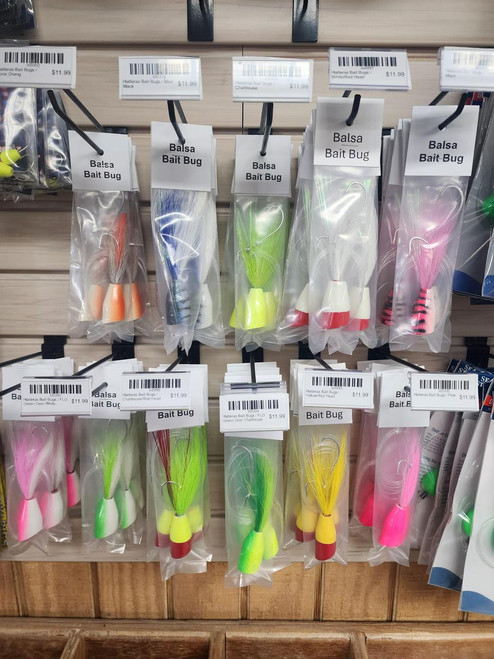 OVER THE BAR CUSTOMS Hatteras Bait Bugs, colorful fishing bait bugs in various colors and styles encased in plastic packaging.