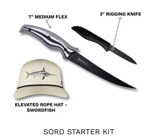SORD Starter 7" Medium, Rigging and Hat, product image showing a fishing knife with medium flex blade, a rigging knife, and an elevated rope hat with swordfish design.
